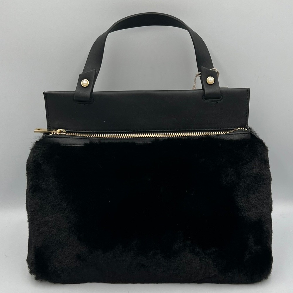 A New Day Faux Fur Satchel Women Medium Black Brand New Convertible Crossbody - Picture 2 of 8